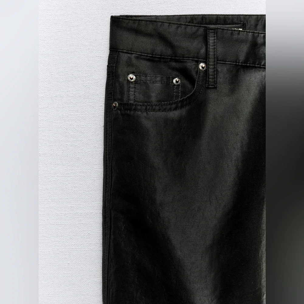Zara NWT satin effect shiny black mid waist straight leg pants